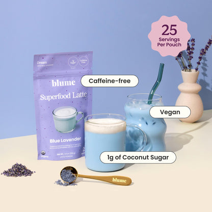 Blume Superfoods Latte: Blue Lavender Powder with Blue Spirulina & Coconut Milk | Caffeine Free, Organic, Keto, Vegan | 25 Servings
