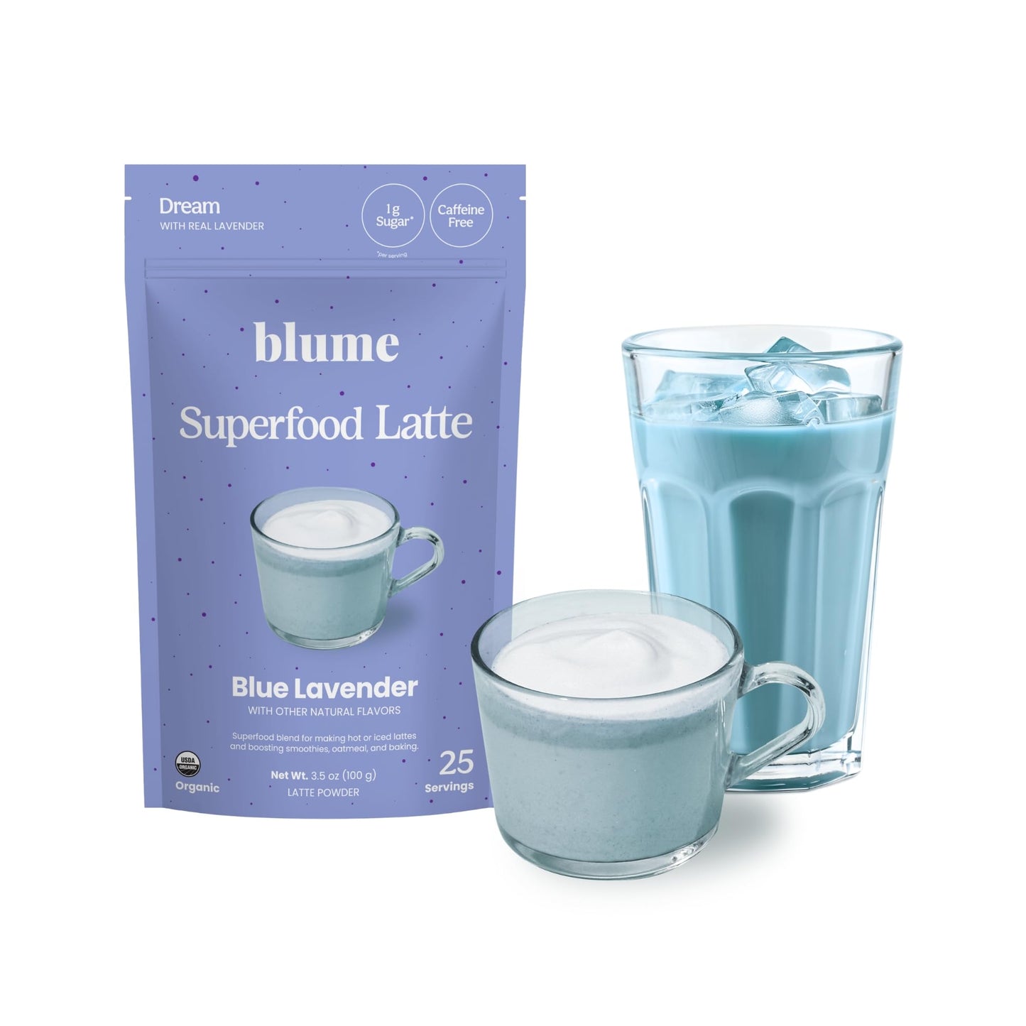 Blume Superfoods Latte: Blue Lavender Powder with Blue Spirulina & Coconut Milk | Caffeine Free, Organic, Keto, Vegan | 25 Servings