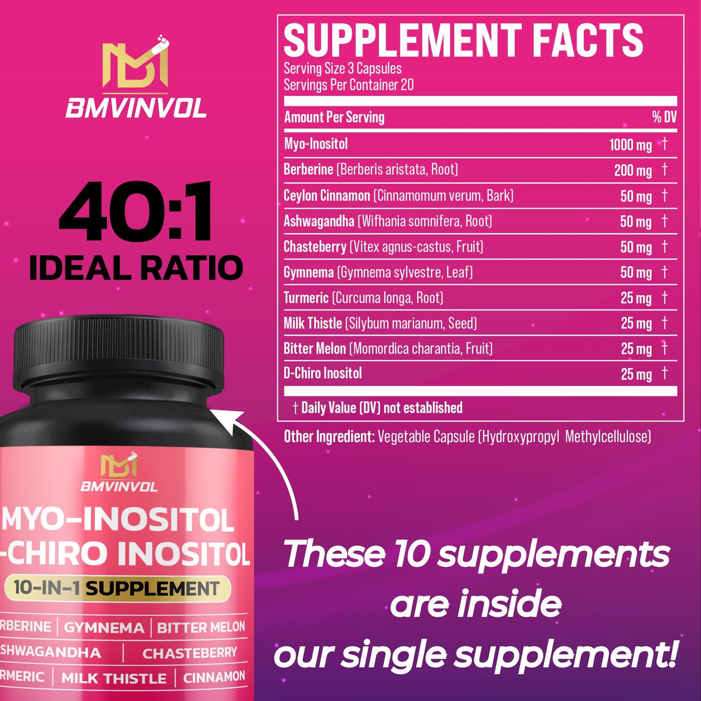BMVINVOL Inositol Supplement – 40:1 Myo-Inositol & D-Chiro Inositol, Berberine, Cinnamon, Ashwagandha + 5 More – 60 Capsules