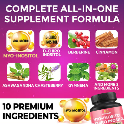 BMVINVOL Inositol Supplement – 40:1 Myo-Inositol & D-Chiro Inositol, Berberine, Cinnamon, Ashwagandha + 5 More – 60 Capsules