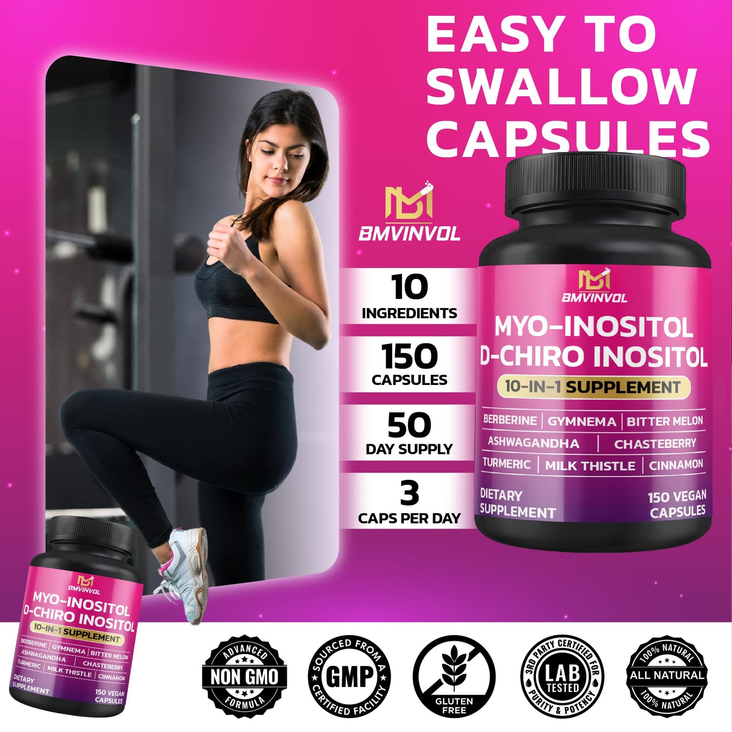 BMVINVOL Inositol Supplement – 40:1 Myo-Inositol & D-Chiro Inositol, Berberine, Cinnamon, Ashwagandha – 150 Capsules