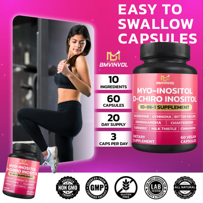 BMVINVOL Inositol Supplement – 40:1 Myo-Inositol & D-Chiro Inositol, Berberine, Cinnamon, Ashwagandha + 5 More – 60 Capsules