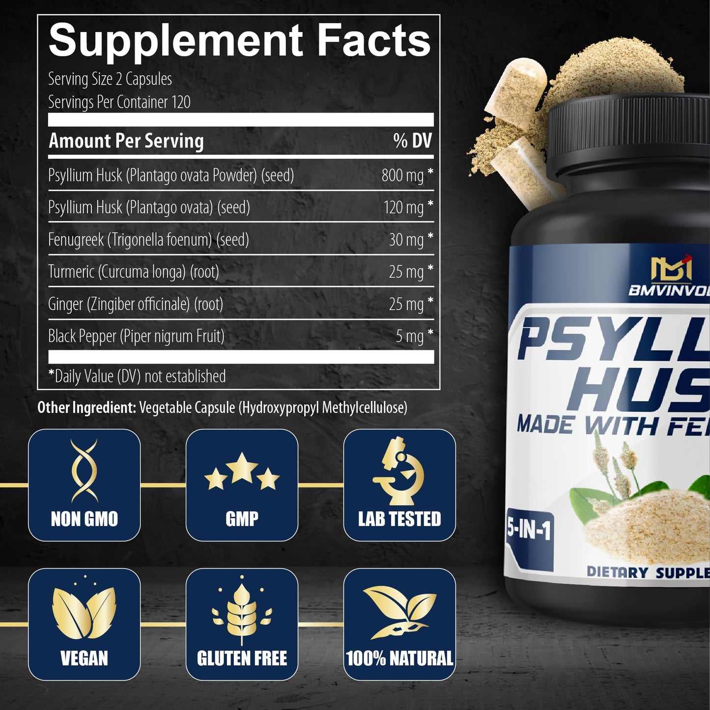 BMVINVOL Psyllium Husk Capsules – Fiber with Fenugreek, Turmeric, Ginger, Black Pepper | 240 Count