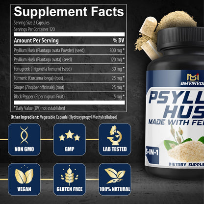 BMVINVOL Psyllium Husk Capsules – Fiber with Fenugreek, Turmeric, Ginger, Black Pepper | 240 Count