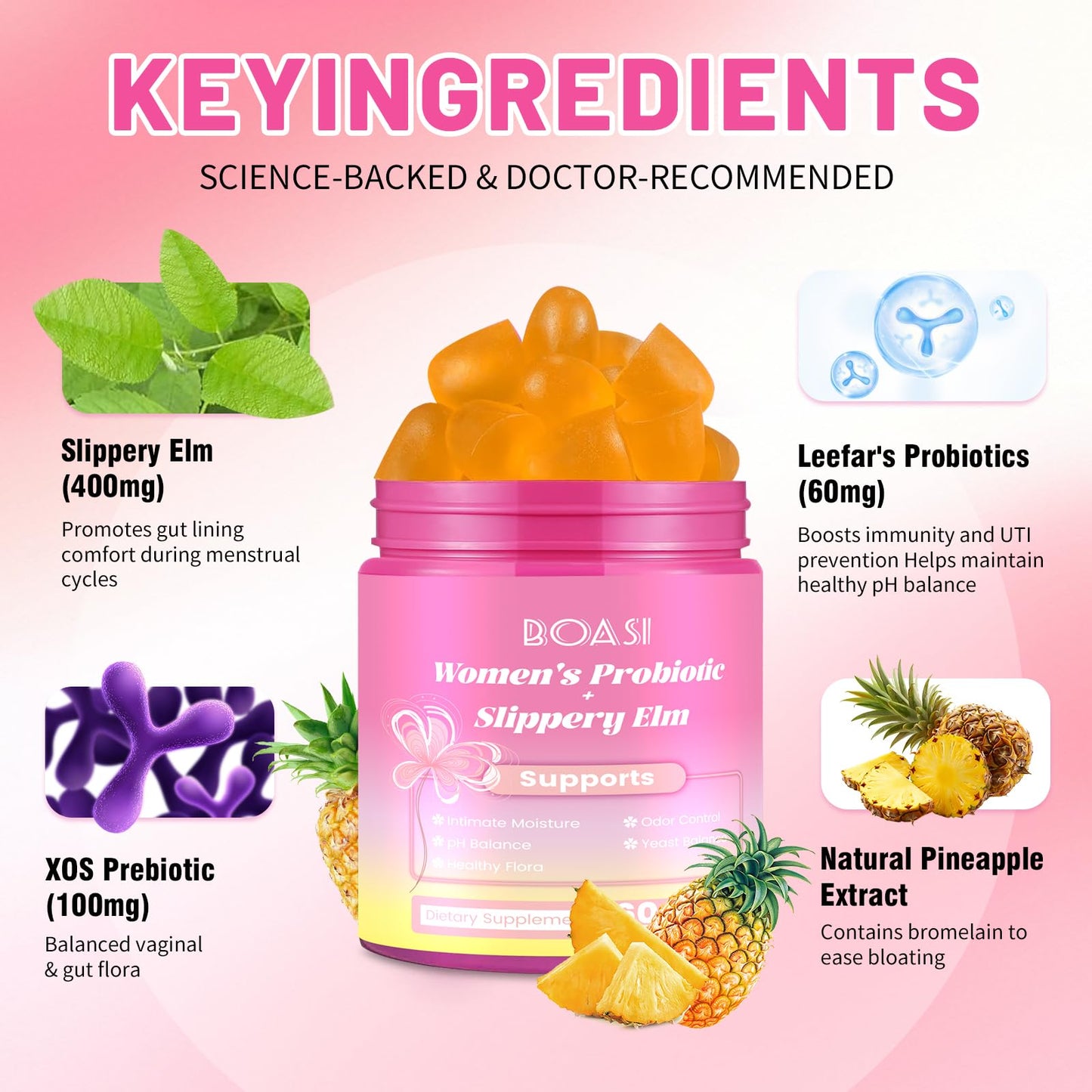 Boasi Her Juicy Vaginal Probiotics Gummies – Pineapple Flavor, pH Balance & Immunity