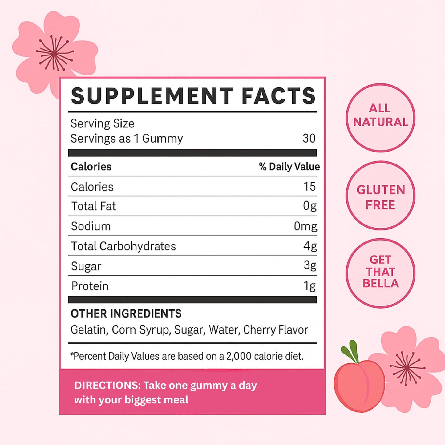 Bodied by Bella Butt Gummies – Natural Booty Gummies, Plant-Based Butt Enhancer (30 Ct) Peach Shake