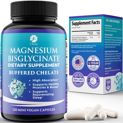 1 Body Magnesium Bisglycinate Supplement, 44 mg Pure Chelated Formula, 120 Capsules, Maximum Absorption, Muscle Cramp Relief