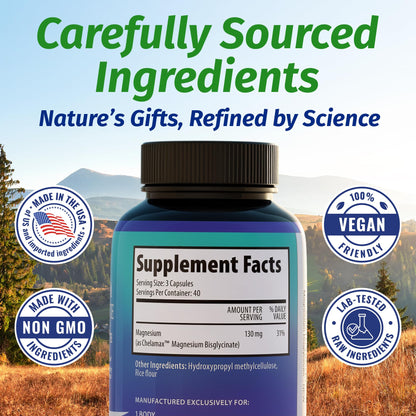 1 Body Magnesium Bisglycinate Supplement, 44 mg Pure Chelated Formula, 120 Capsules, Maximum Absorption, Muscle Cramp Relief