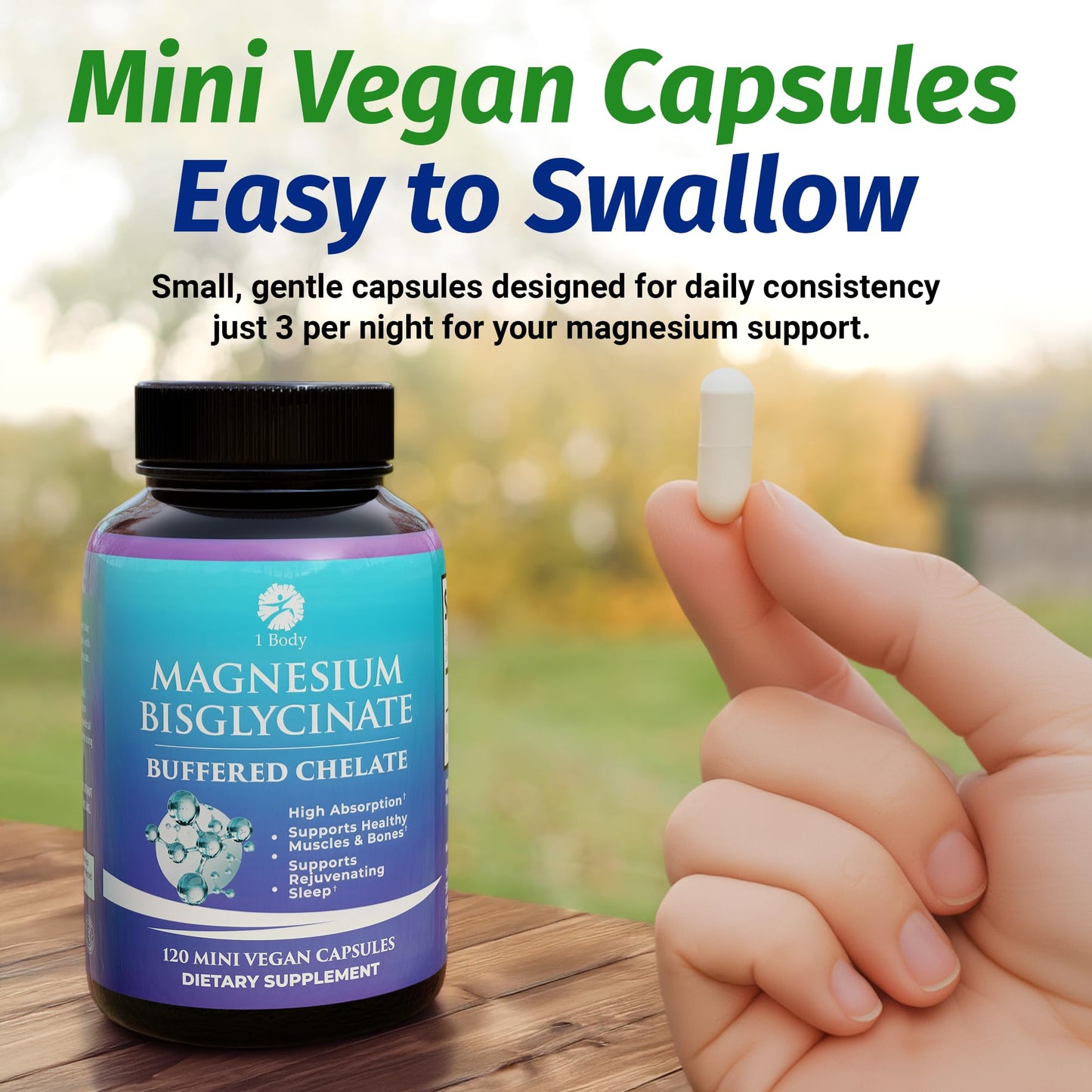 1 Body Magnesium Bisglycinate Supplement, 44 mg Pure Chelated Formula, 120 Capsules, Maximum Absorption, Muscle Cramp Relief