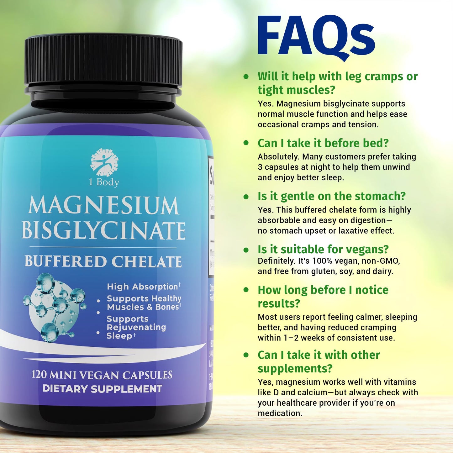 1 Body Magnesium Bisglycinate Supplement, 44 mg Pure Chelated Formula, 120 Capsules, Maximum Absorption, Muscle Cramp Relief