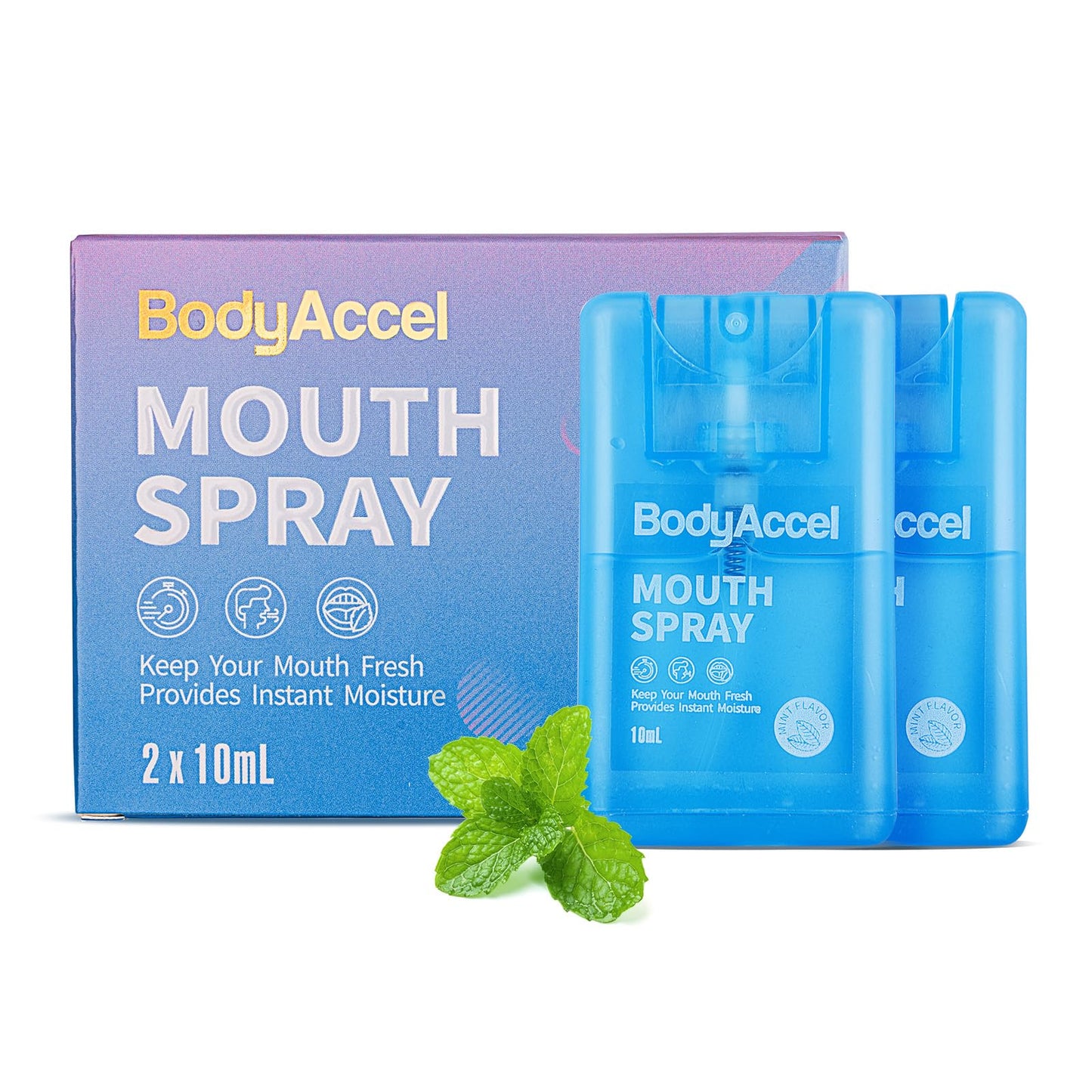 BodyAccel Dry Mouth Spray - Breath Freshener, 2-Pack (0.7oz) | Portable Mint Mouth Spray