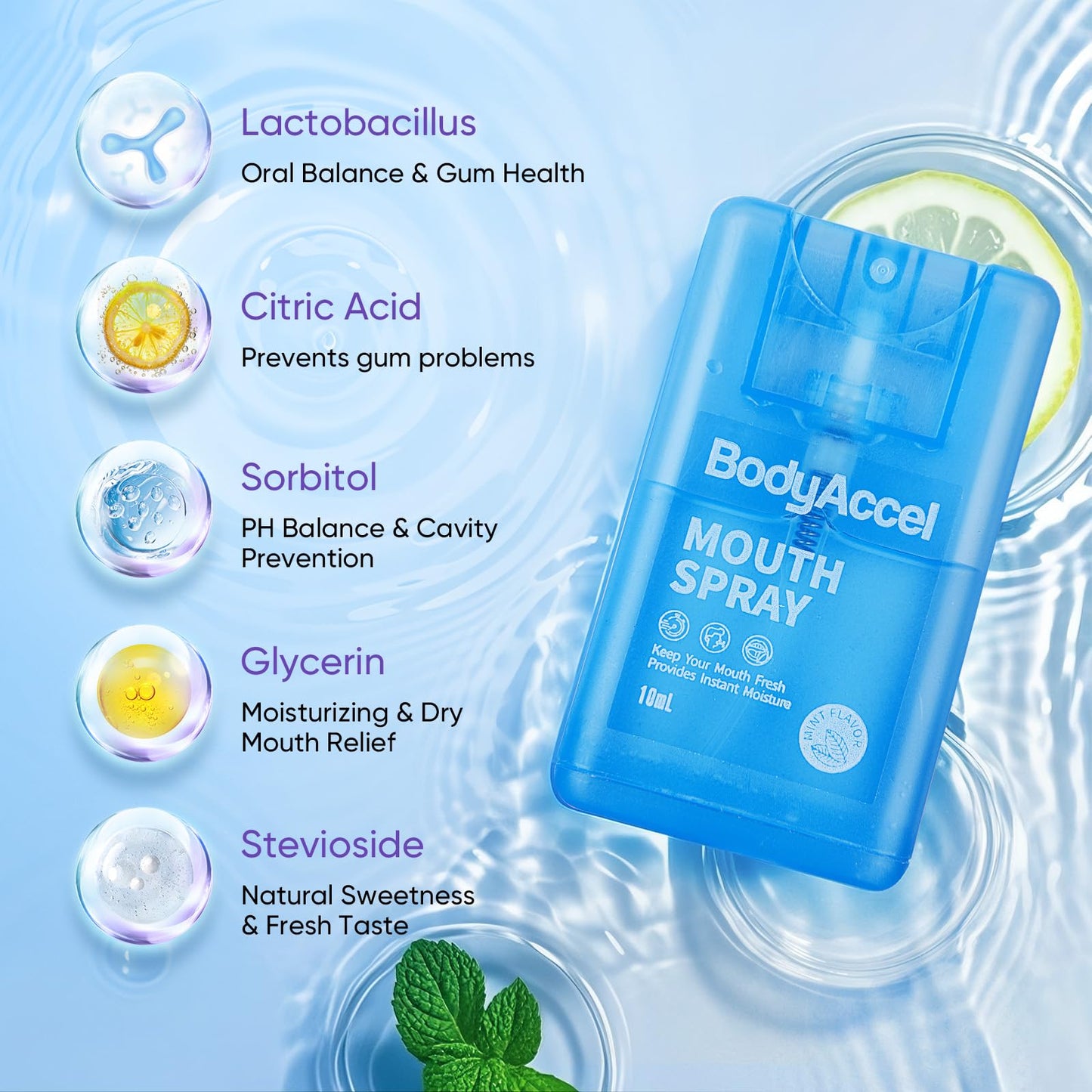 BodyAccel Dry Mouth Spray - Breath Freshener, 2-Pack (0.7oz) | Portable Mint Mouth Spray
