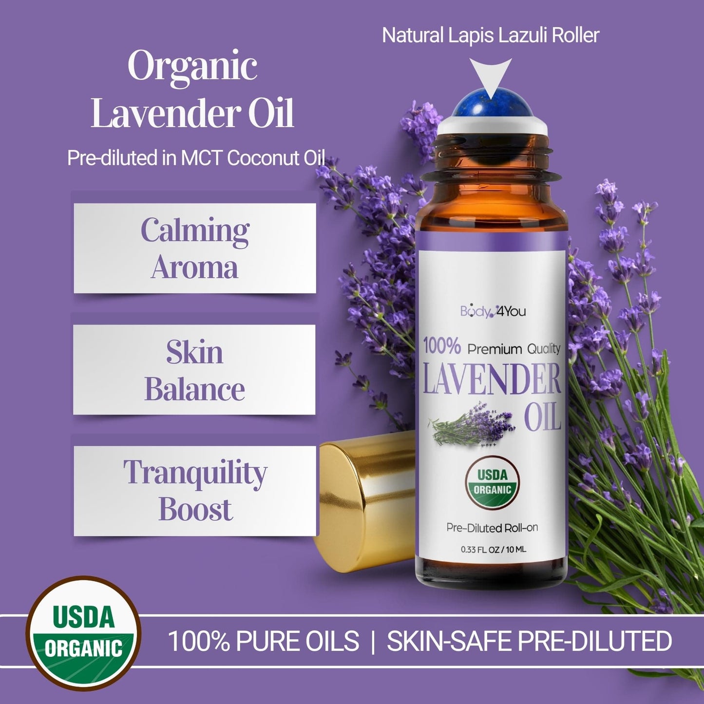 BodyJ4You Lavender Roll-On - USDA Organic MCT Coconut Oil, Amethyst Stone, 10ml