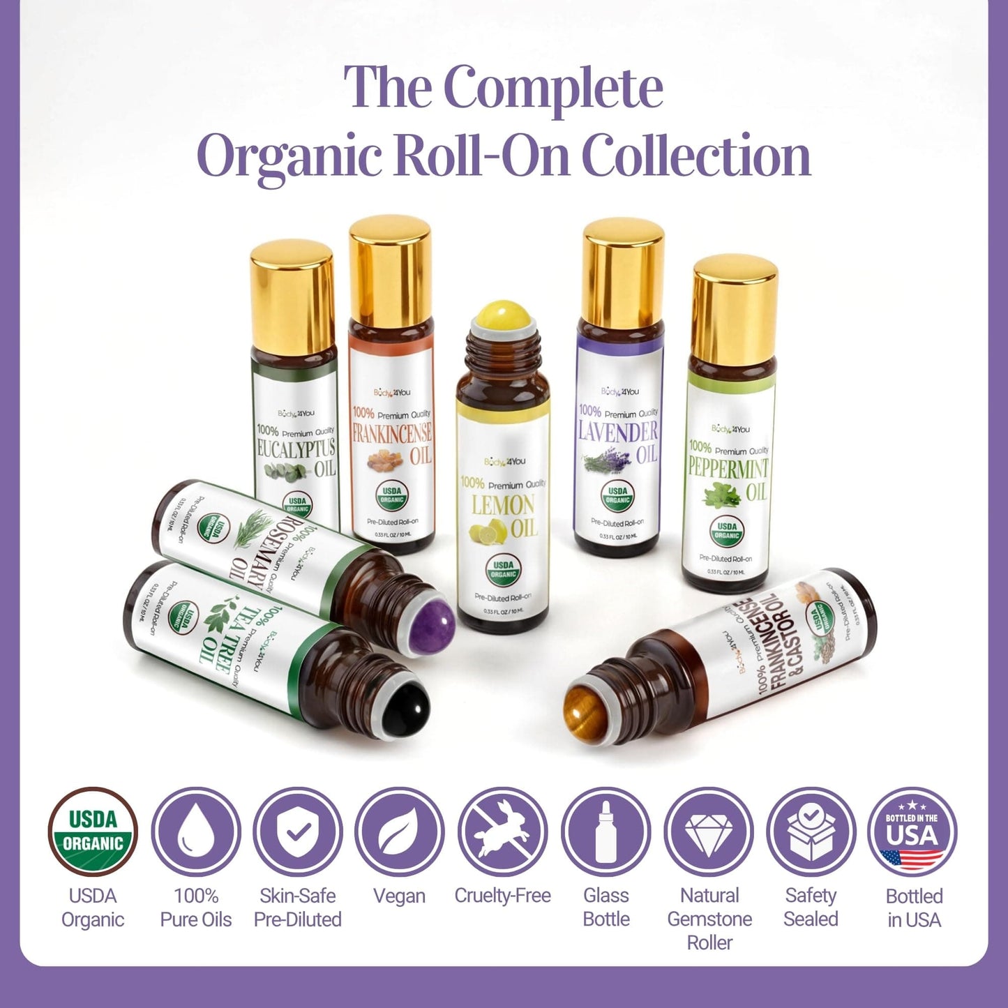 BodyJ4You Lavender Roll-On - USDA Organic MCT Coconut Oil, Amethyst Stone, 10ml