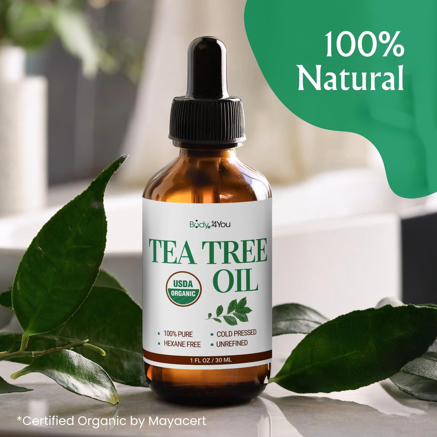 BodyJ4You Pure Tea Tree Oil – 100% Natural USDA Organic Essential Oil 1 Fl Oz
