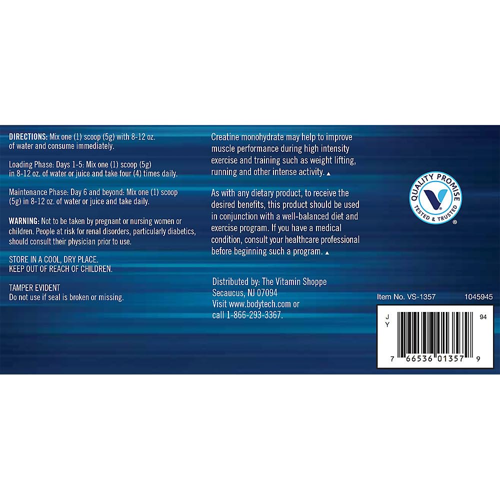 BODYTECH 100% Pure Creatine Monohydrate Powder — Micronized, Unflavored, 18 oz