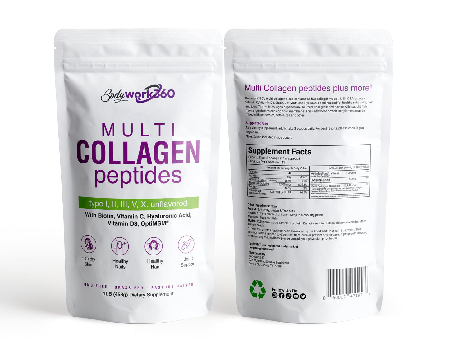 BODYWORK360 Multi Collagen Peptides Powder – 10-in-1 Unflavored (Type I–X, HA, Biotin)