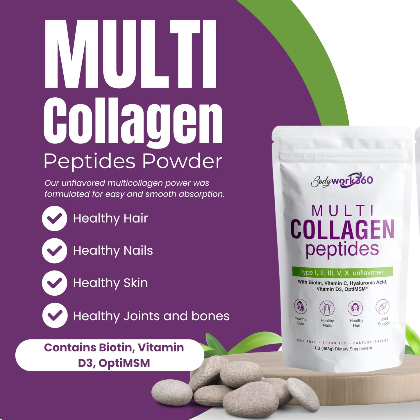 BODYWORK360 Multi Collagen Peptides Powder – 10-in-1 Unflavored (Type I–X, HA, Biotin)