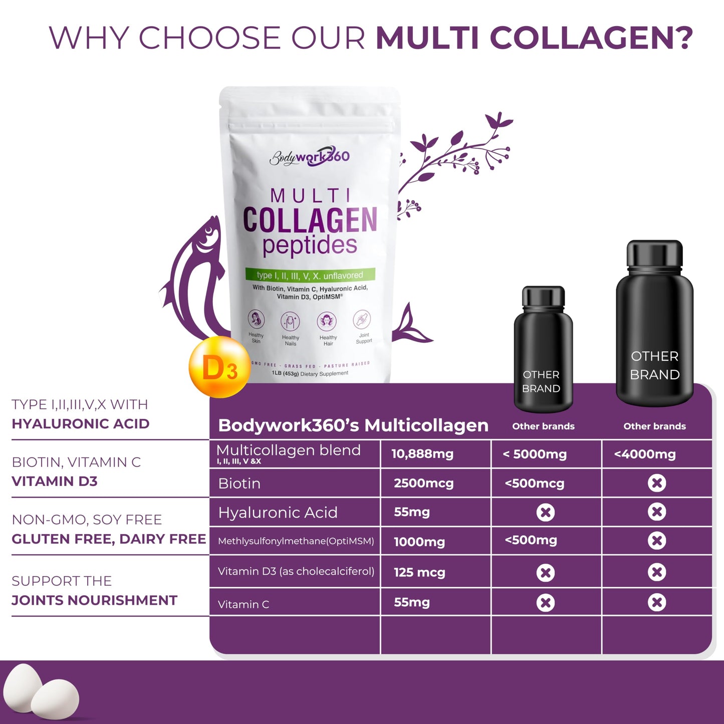BODYWORK360 Multi Collagen Peptides Powder – 10-in-1 Unflavored (Type I–X, HA, Biotin)