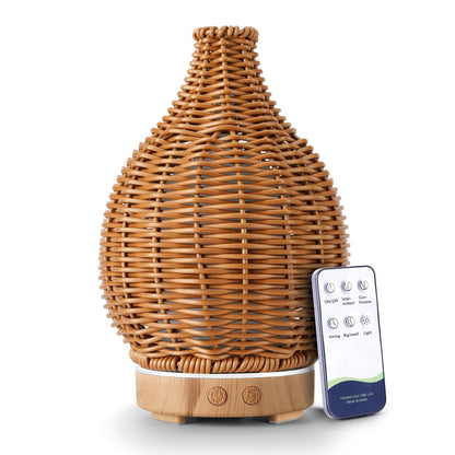 Boho Essential Oil Diffuser with Remote – 100mL, Rattan Weaving, 7-Color Lights