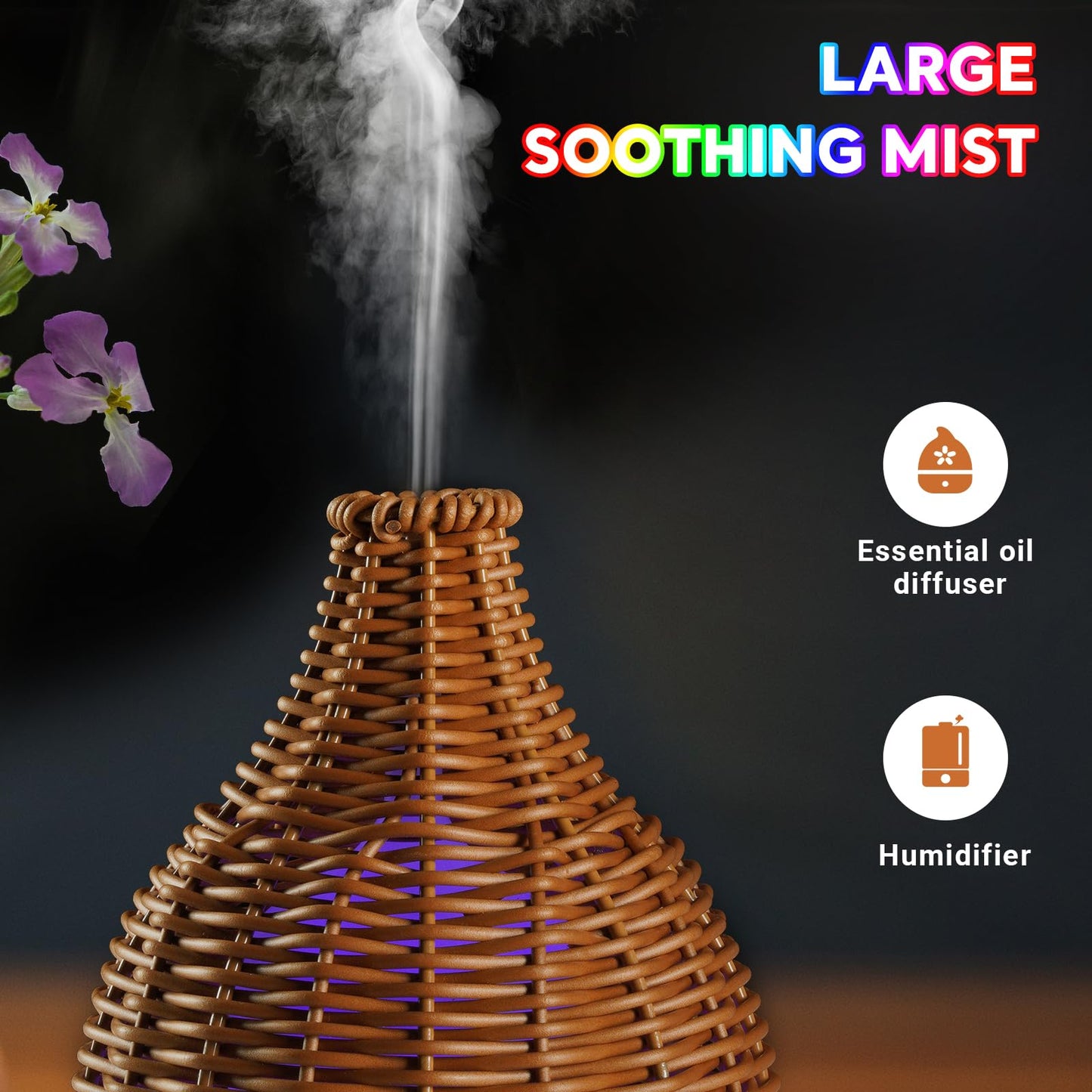Boho Essential Oil Diffuser with Remote – 100mL, Rattan Weaving, 7-Color Lights