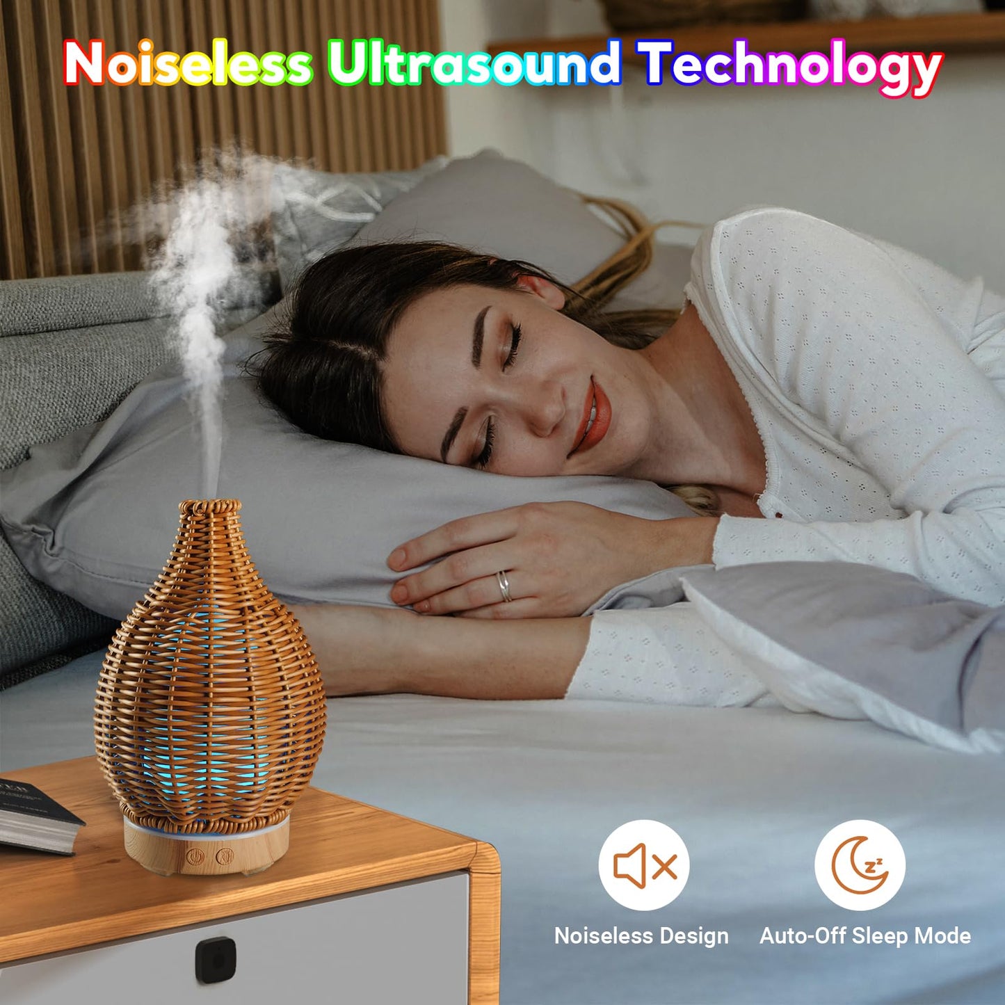Boho Essential Oil Diffuser with Remote – 100mL, Rattan Weaving, 7-Color Lights