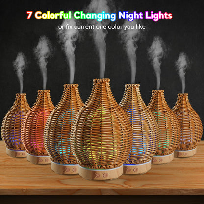 Boho Essential Oil Diffuser with Remote – 100mL, Rattan Weaving, 7-Color Lights