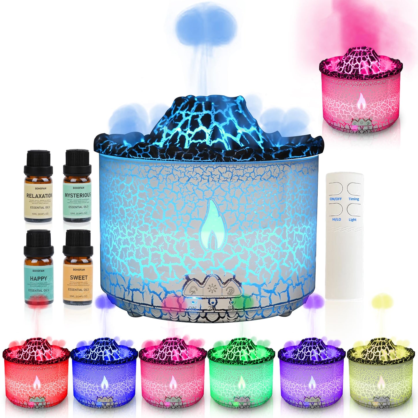BOHOFAM 360ml Essential Oil Diffuser – Volcano & Flame Humidifier with 2 Modes & 7 Color Lights
