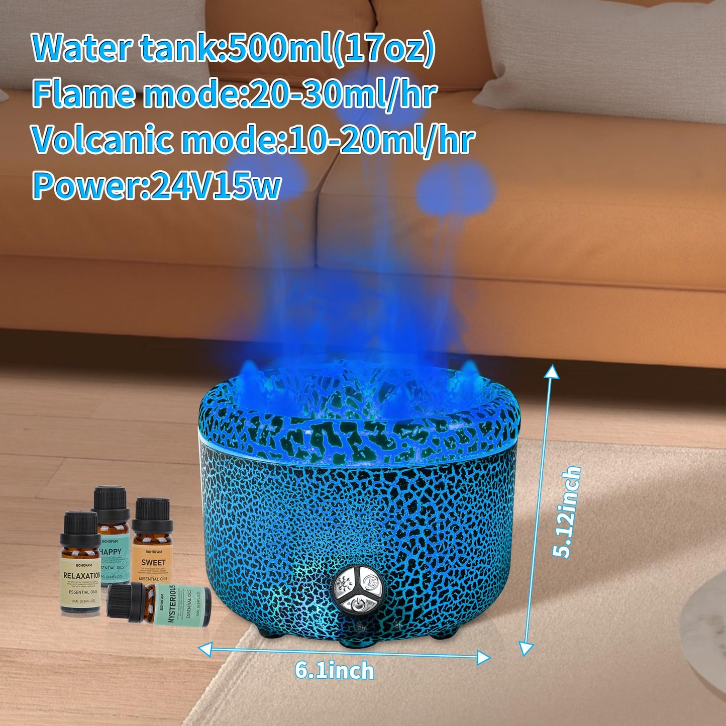 BOHOFAM 500ML Essential Oil Diffuser – Volcano & Flame Humidifier (Gray Crack)