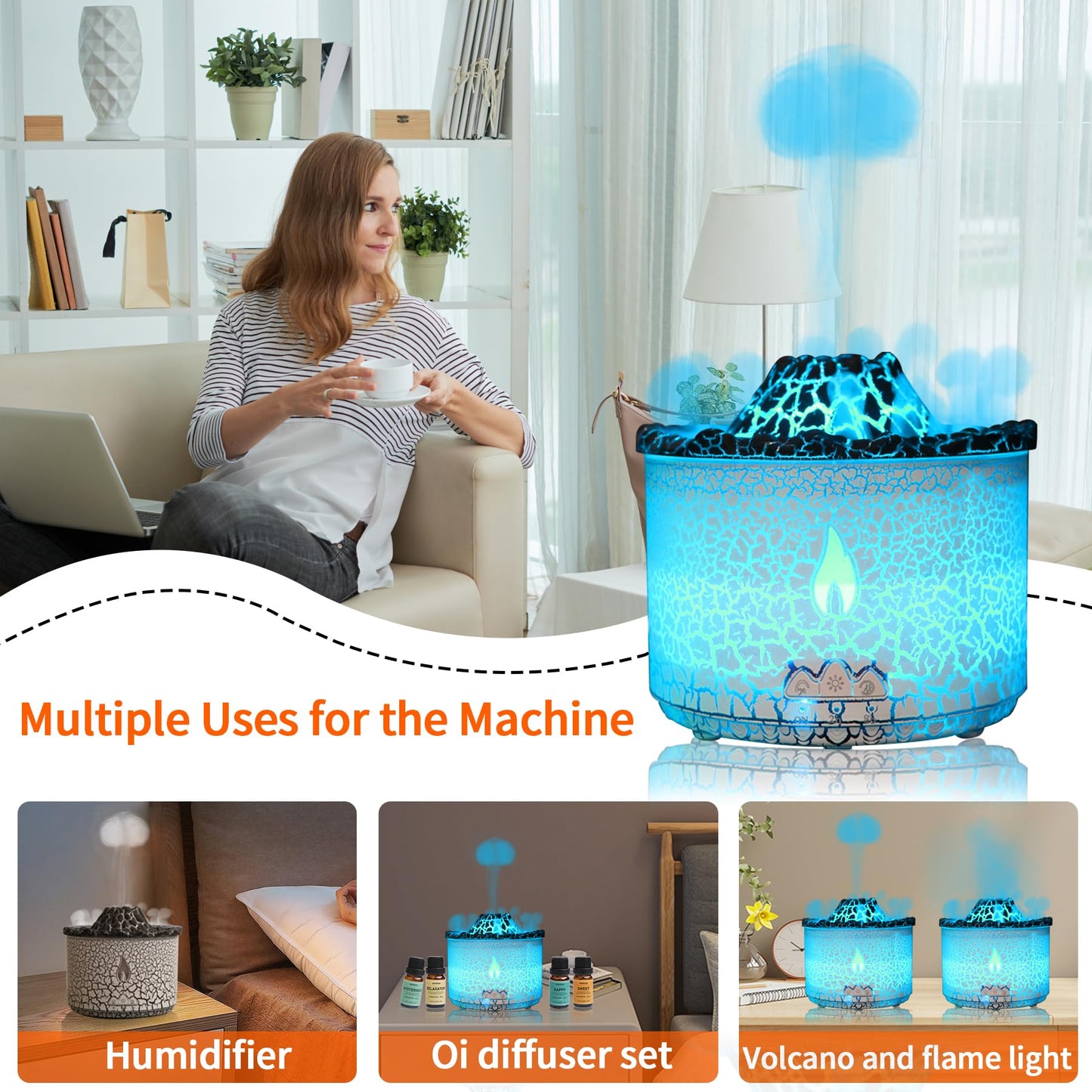 BOHOFAM 360ml Essential Oil Diffuser – Volcano & Flame Humidifier with 2 Modes & 7 Color Lights