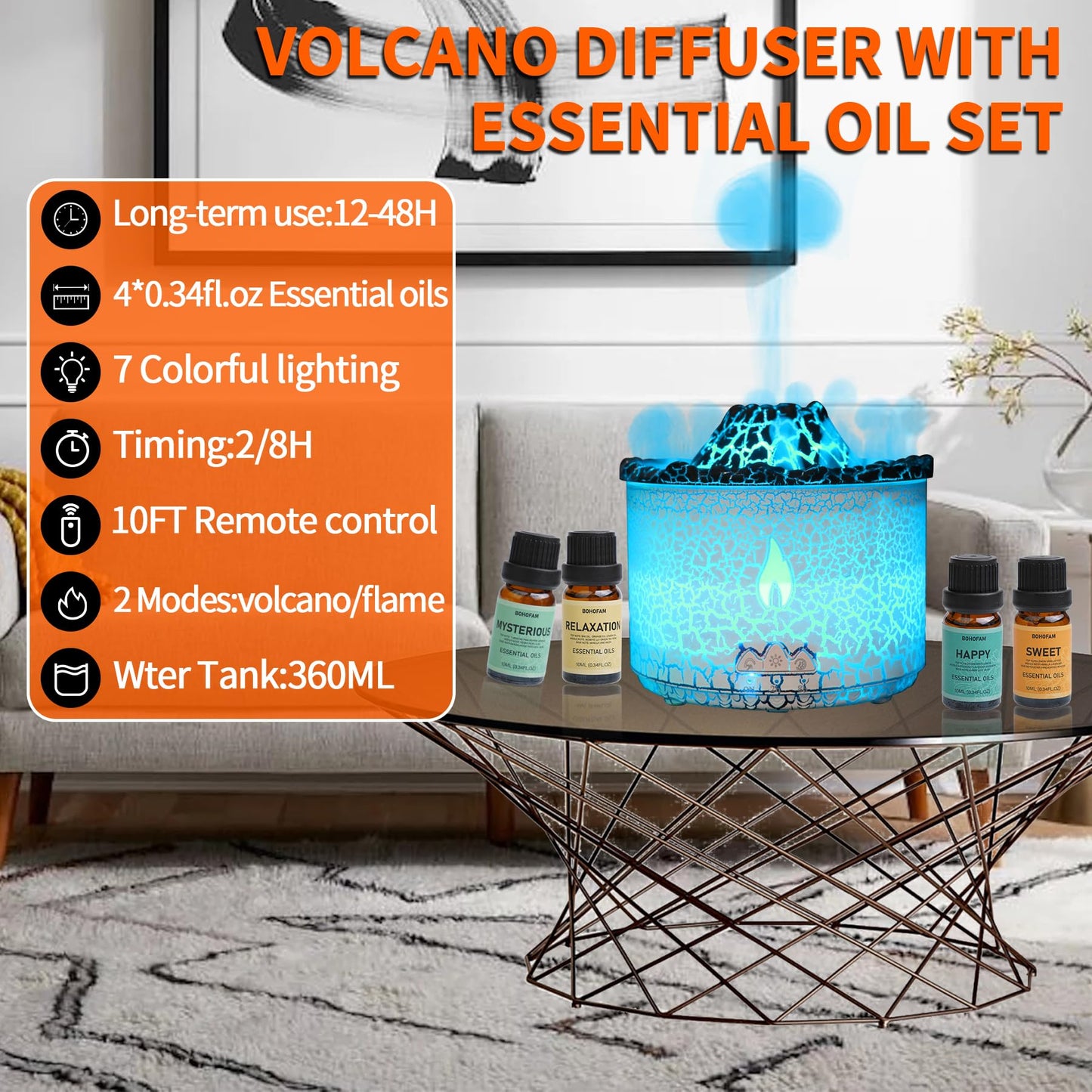 BOHOFAM 360ml Essential Oil Diffuser – Volcano & Flame Humidifier with 2 Modes & 7 Color Lights