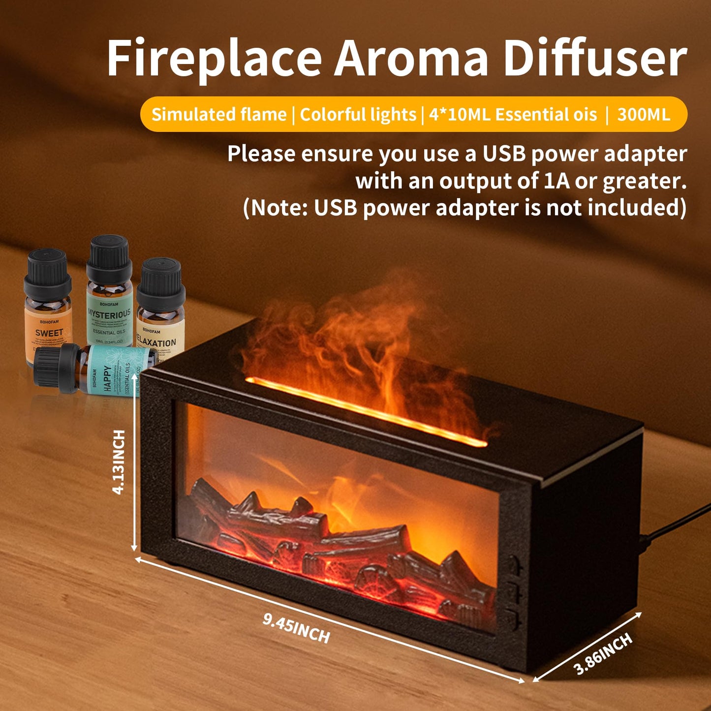 BOHOFAM Fireplace Essential Oil Diffuser 300ML | 14-Hour Run Time | Colorful Flame (Black) - Hotel Collection Oils Included