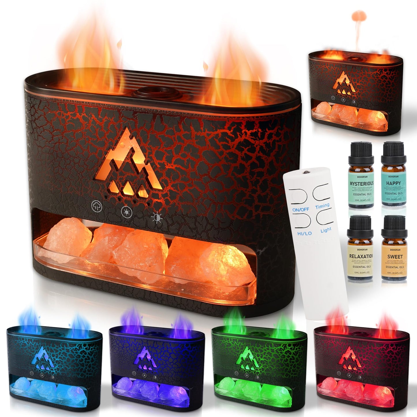 BOHOFAM Essential Oil Diffuser with Himalayan Salt Lamp - Double Flame & Jellyfish (Black)
