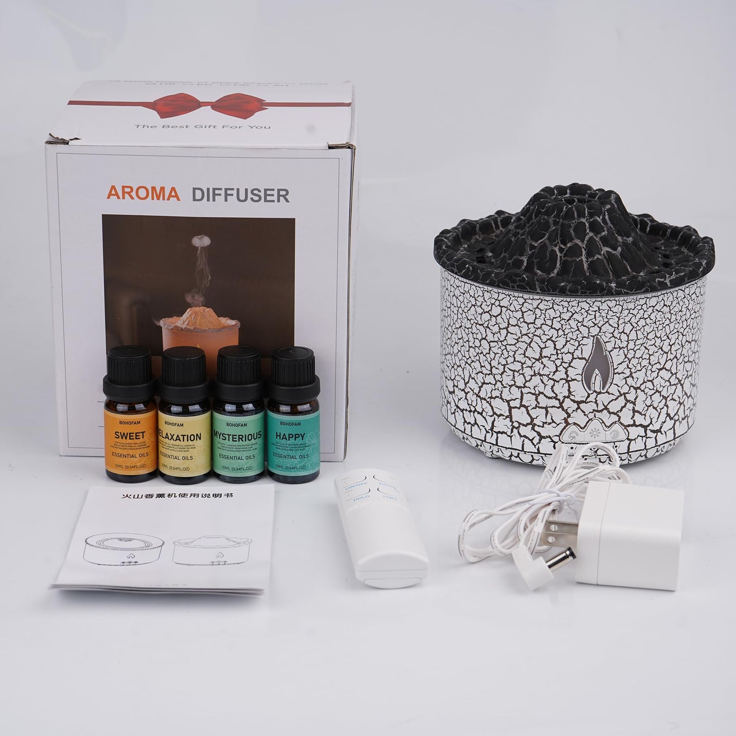 BOHOFAM 360ml Essential Oil Diffuser – Volcano & Flame Humidifier with 2 Modes & 7 Color Lights