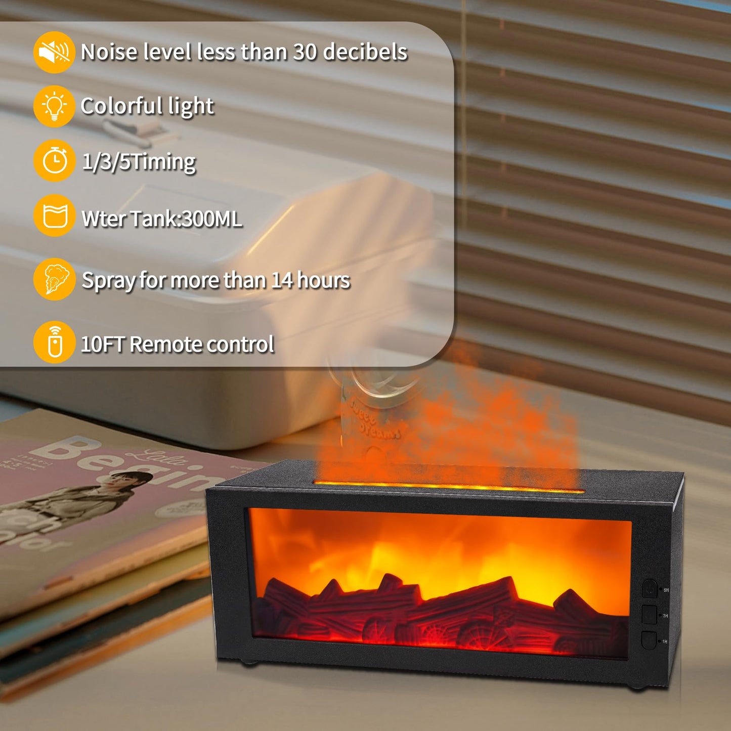 BOHOFAM Fireplace Essential Oil Diffuser 300ML | 14-Hour Run Time | Colorful Flame (Black) - Hotel Collection Oils Included