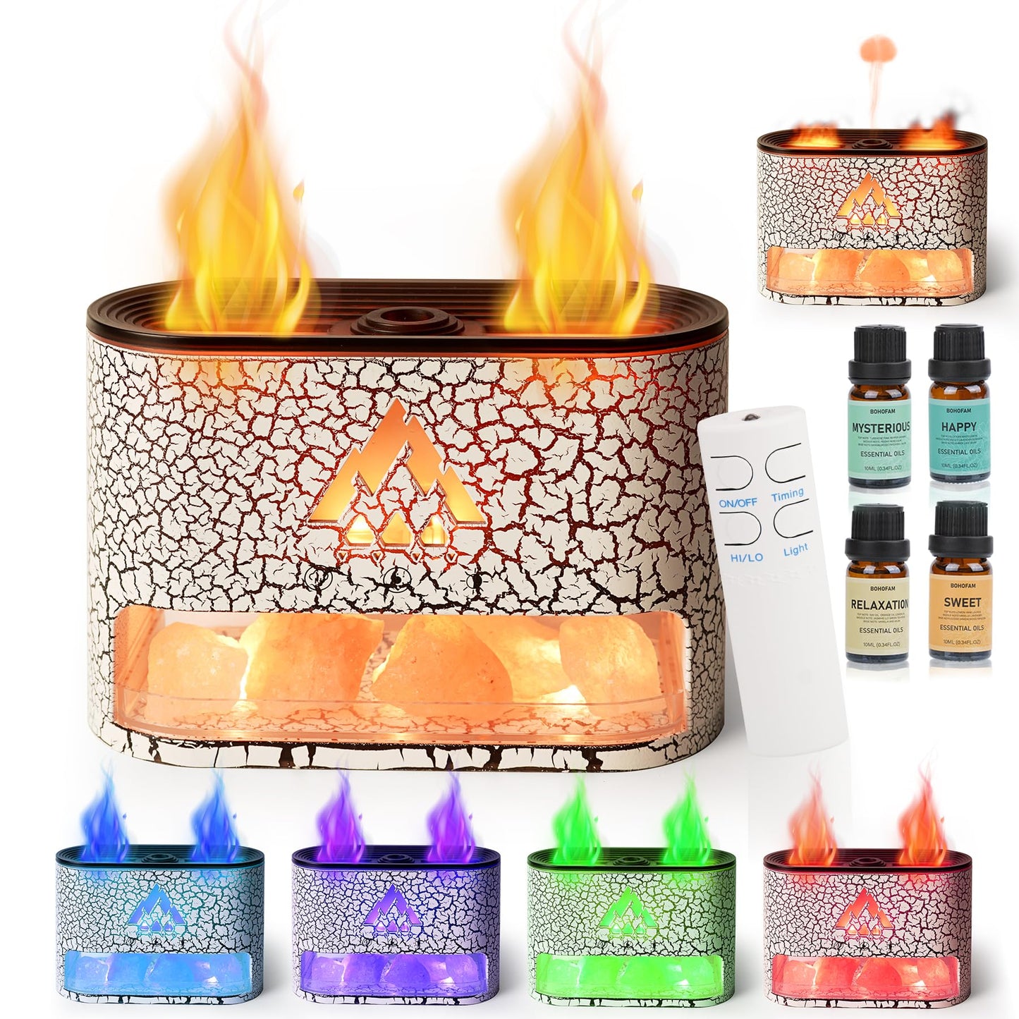 BOHOFAM Essential Oil Diffuser with Himalayan Salt Lamp – White, Dual Flame & Jellyfish, 4x10ml Oils