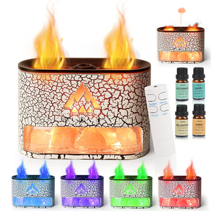 BOHOFAM Essential Oil Diffuser with Himalayan Salt Lamp – White, Dual Flame & Jellyfish, 4x10ml Oils