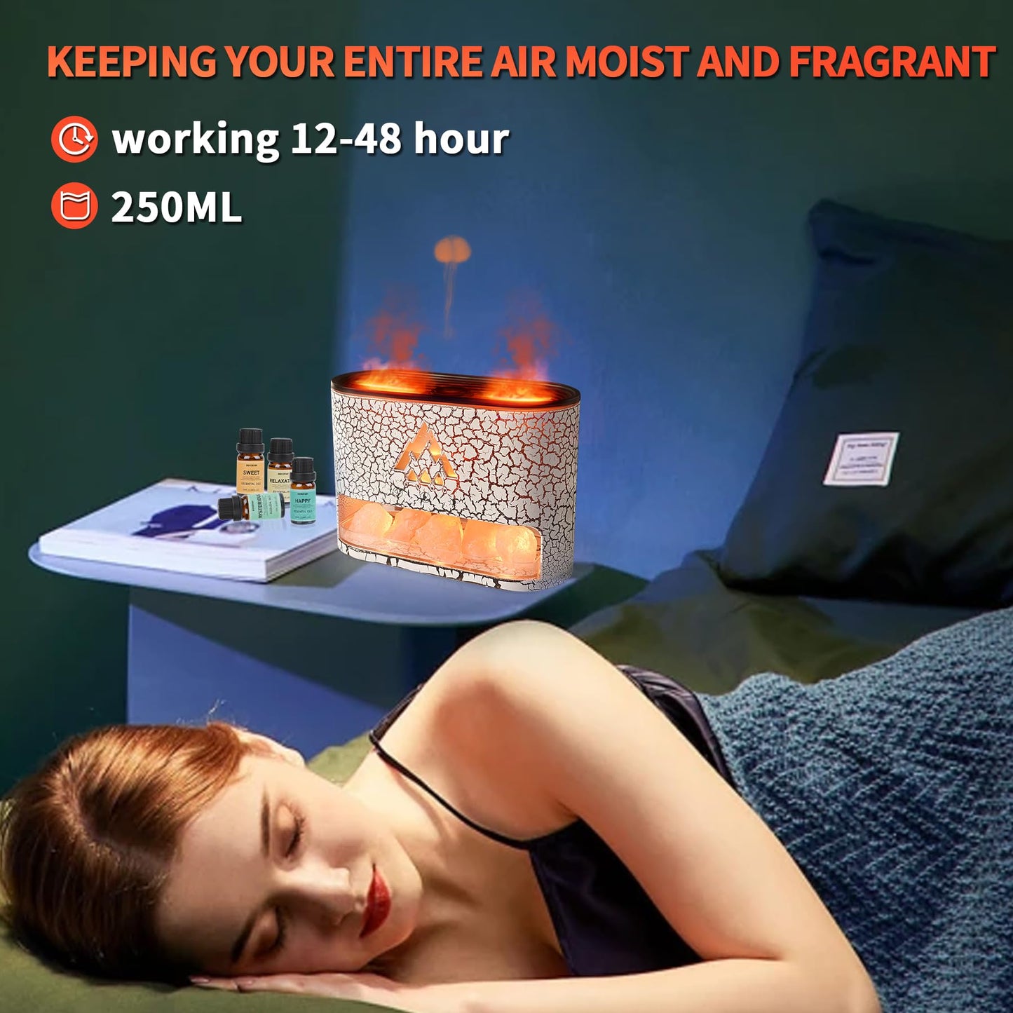 BOHOFAM Essential Oil Diffuser with Himalayan Salt Lamp – White, Dual Flame & Jellyfish, 4x10ml Oils