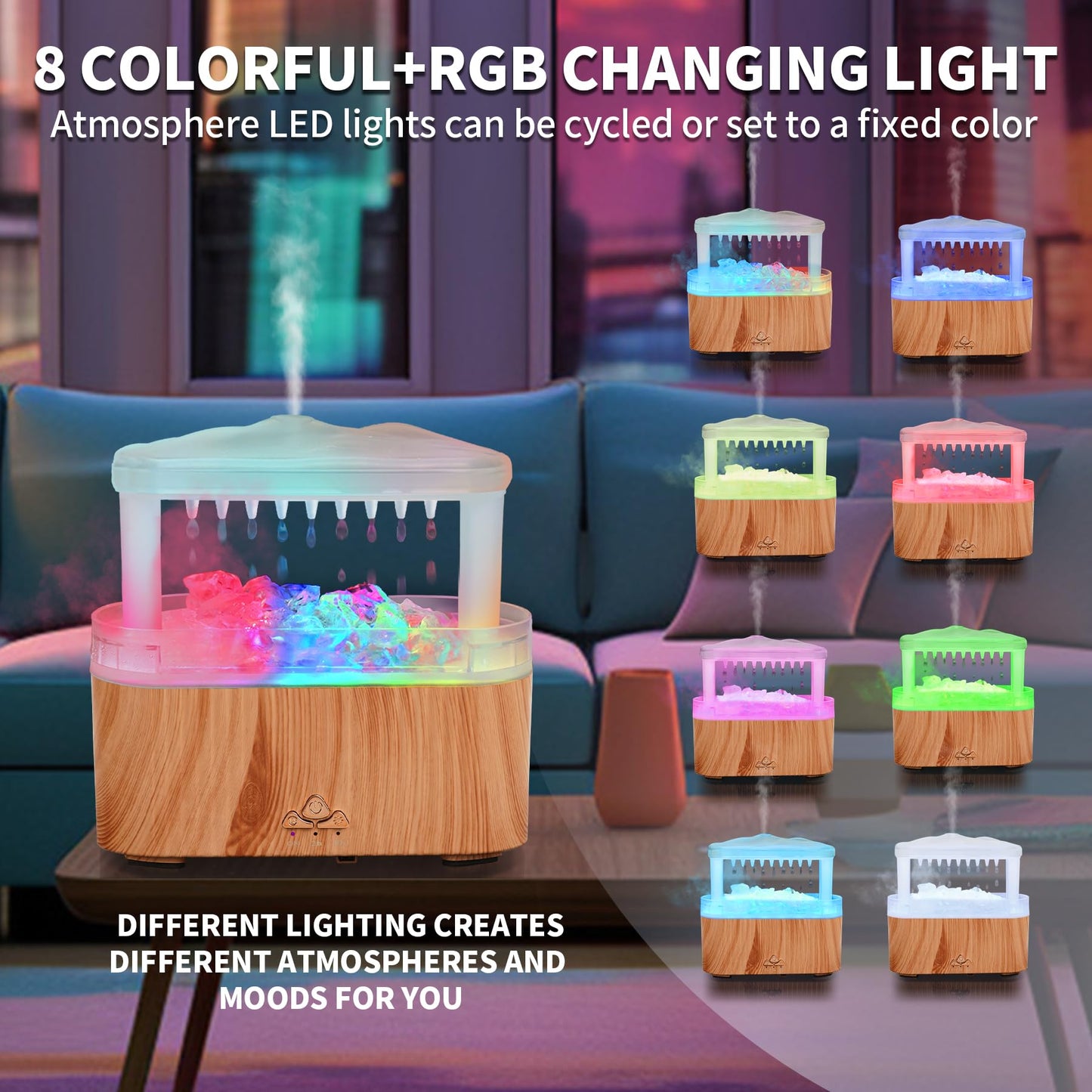 BOHOFAM Essential Oil Diffuser with Stone – Rain Cloud Humidifier, Water Drip & Air Mist, 8 RGB Lights for Home & Bedroom