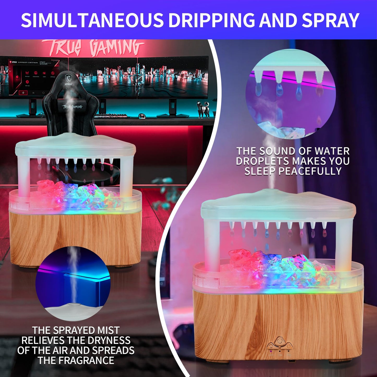 BOHOFAM Essential Oil Diffuser with Stone – Rain Cloud Humidifier, Water Drip & Air Mist, 8 RGB Lights for Home & Bedroom