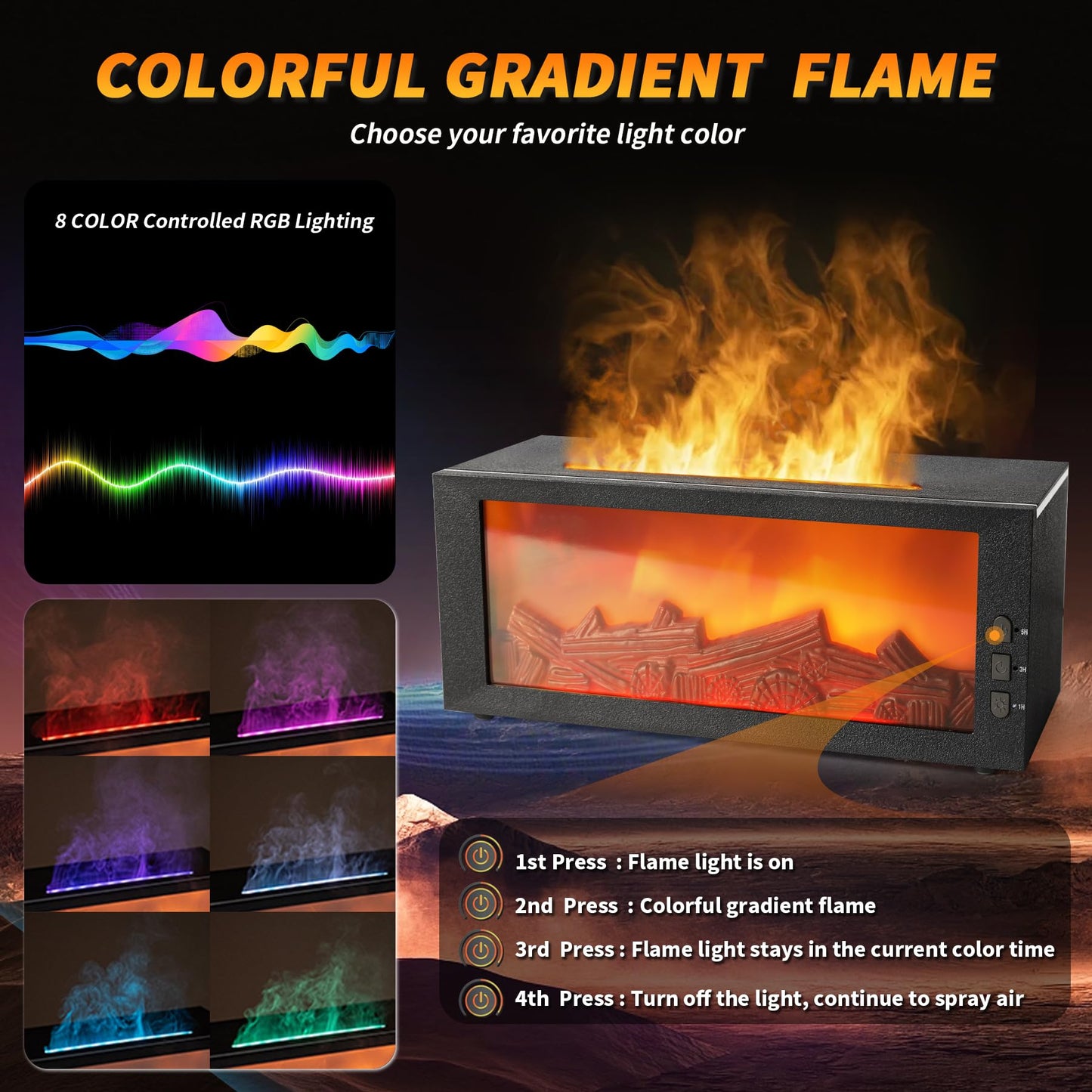 BOHOFAM Fireplace Essential Oil Diffuser 300ML | 14-Hour Run Time | Colorful Flame (Black) - Hotel Collection Oils Included
