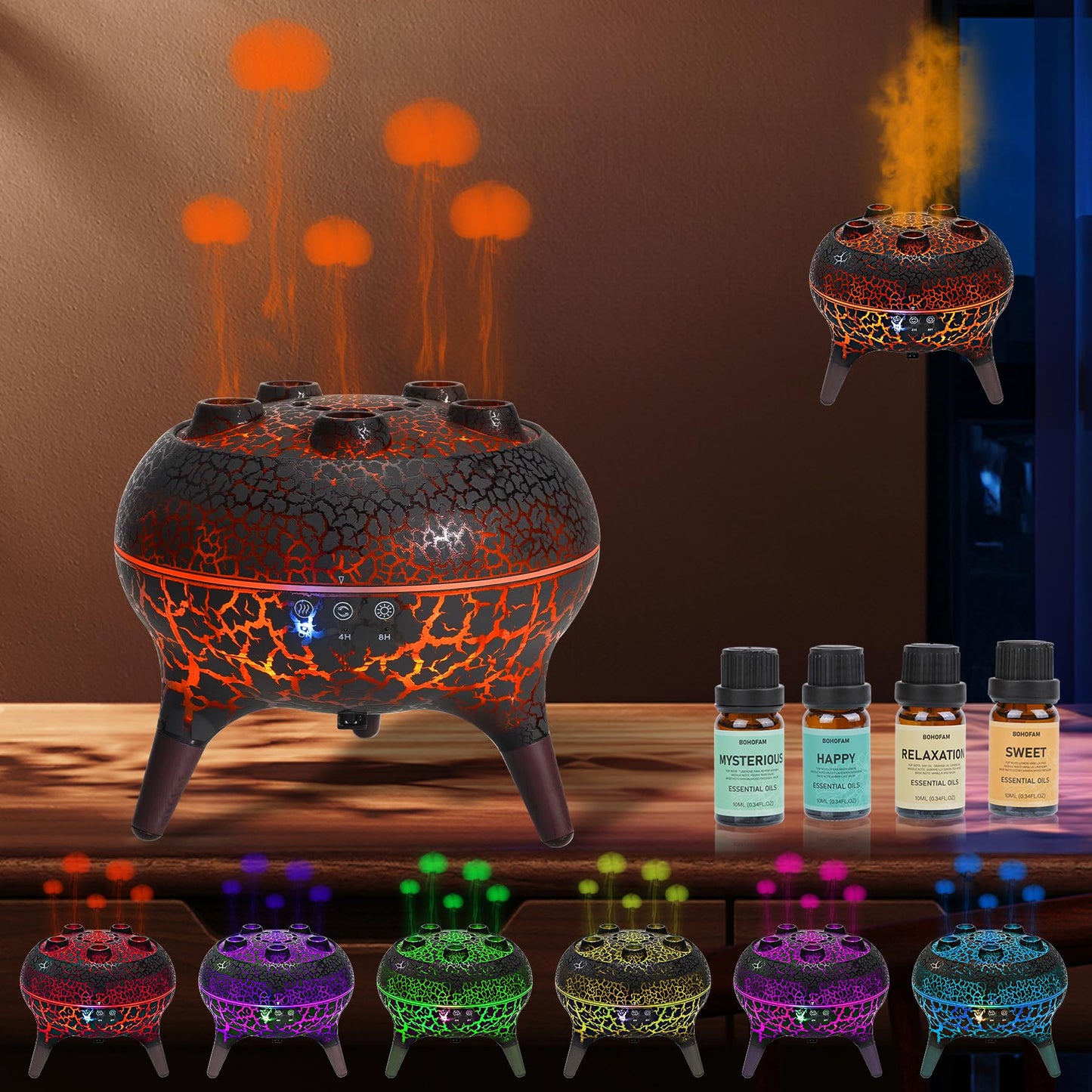 BOHOFAM Jellyfish Diffuser 250ML – Sound-Activated Mist, 7-Color Lights
