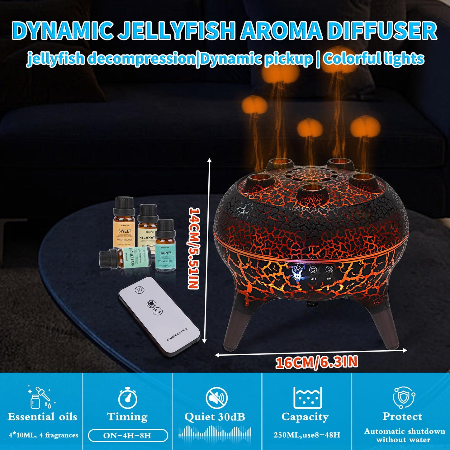 BOHOFAM Jellyfish Diffuser 250ML – Sound-Activated Mist, 7-Color Lights