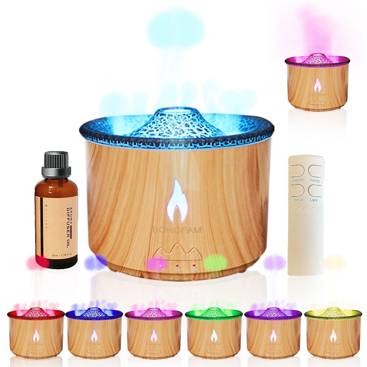 BOHOFAM Aroma Essential Oil Diffuser 360ML – Volcano & Flame Modes, 7-Color Lights, Large Room Humidifier
