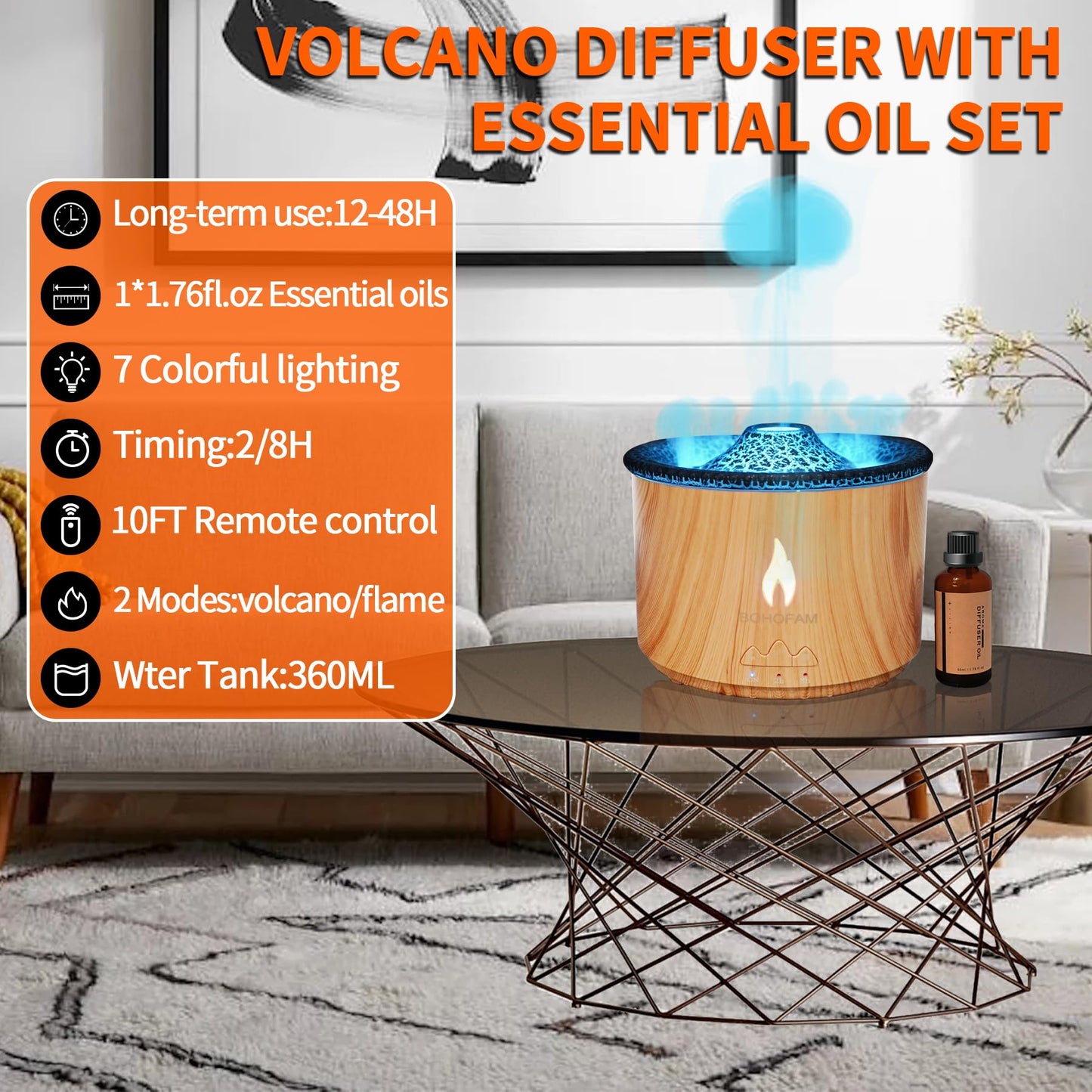 BOHOFAM Aroma Essential Oil Diffuser 360ML – Volcano & Flame Modes, 7-Color Lights, Large Room Humidifier