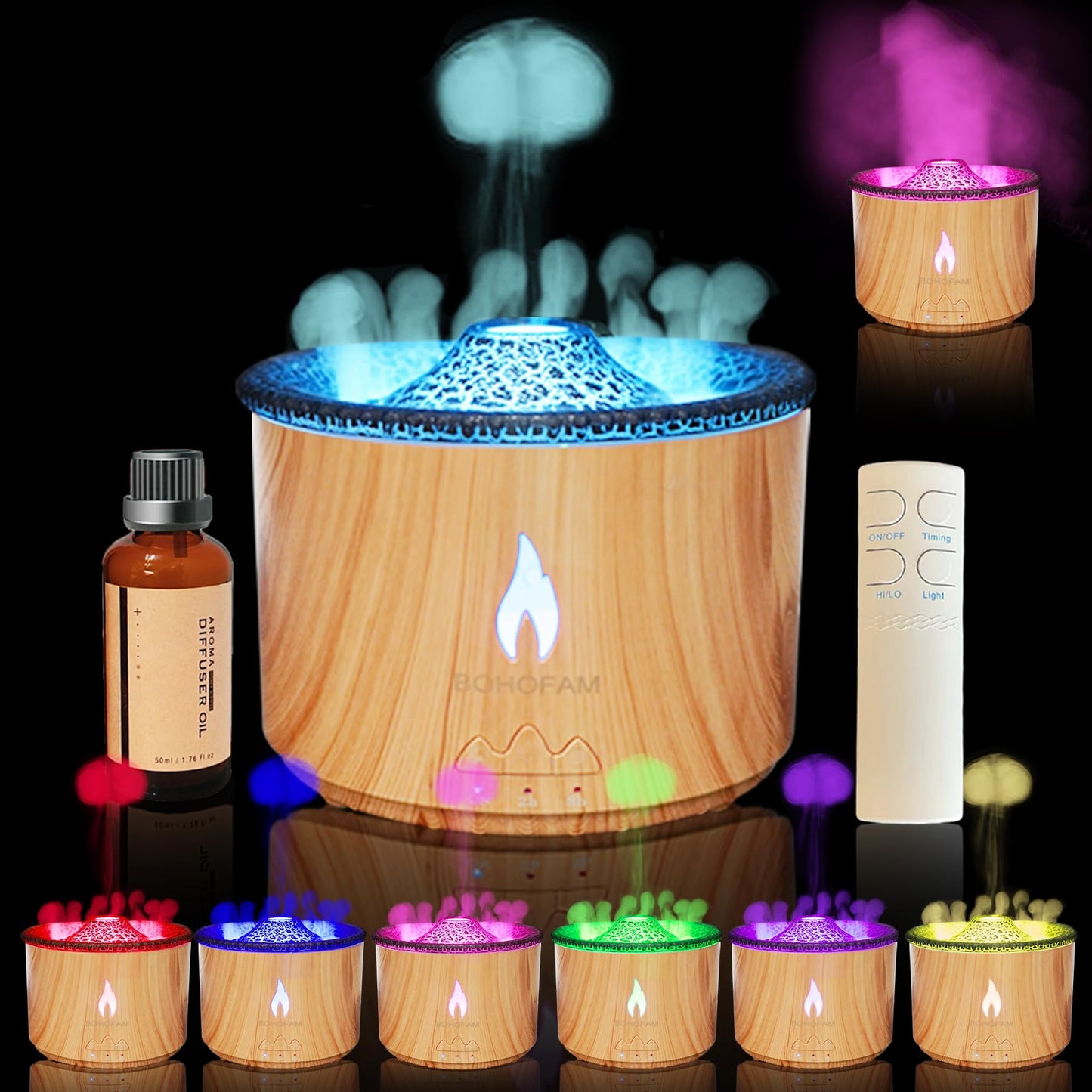 BOHOFAM Aroma Essential Oil Diffuser 360ML – Volcano & Flame Modes, 7-Color Lights, Large Room Humidifier