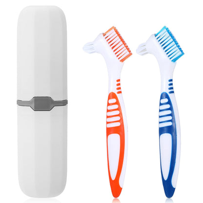 BOHUIZ 2Pcs Denture Brush Set with Carrying Case – Dual-Head, Soft Bristles (Blue & Orange)