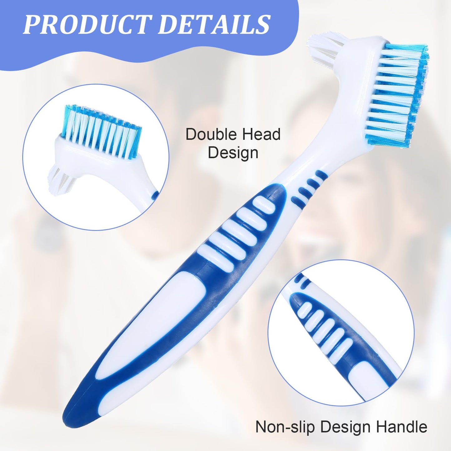 BOHUIZ 2Pcs Denture Brush Set with Carrying Case – Dual-Head, Soft Bristles (Blue & Orange)