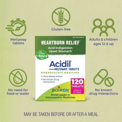 Boiron Acidil Meltaway Tablets – Quick, Water-Free Heartburn Relief (120 Count, 2-Pack)