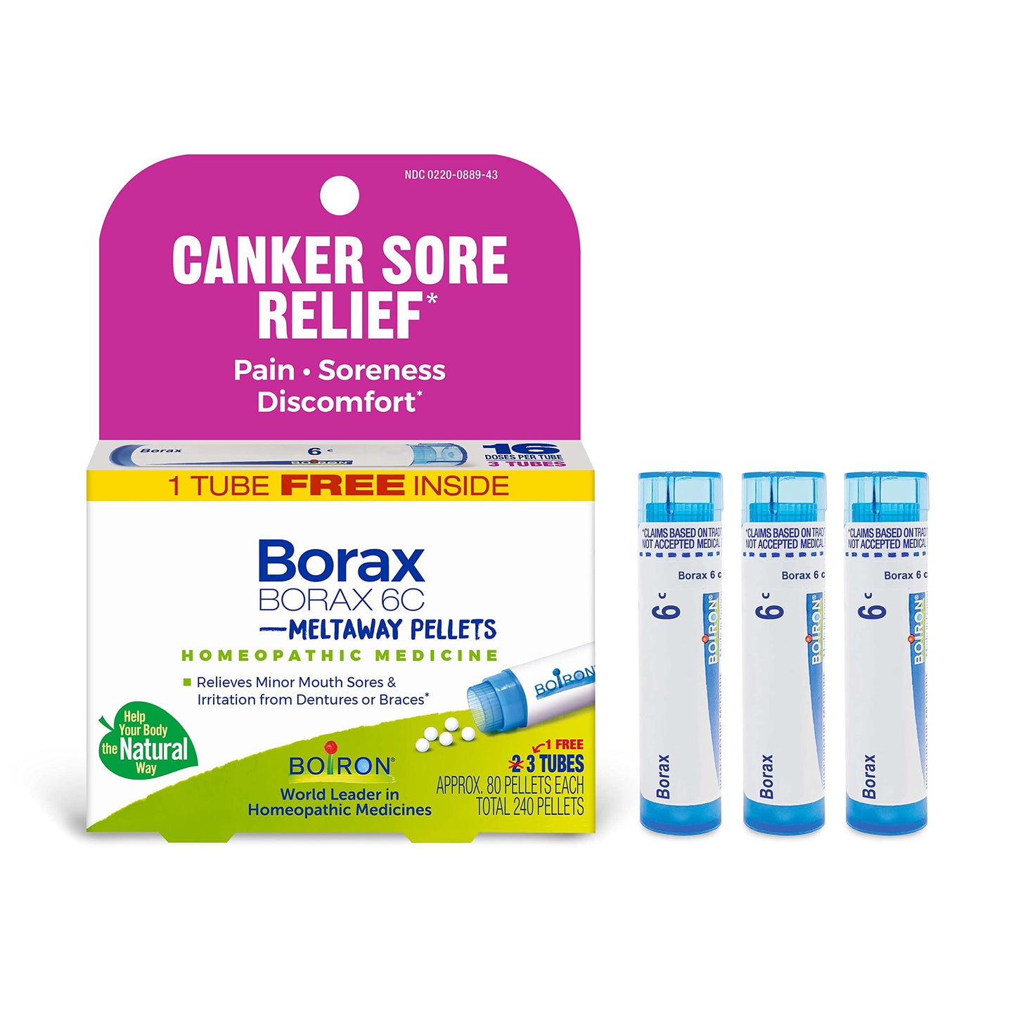 Boiron Borax 6C Homeopathic Medicine for Canker Sores – 3 Count (240 Pellets)